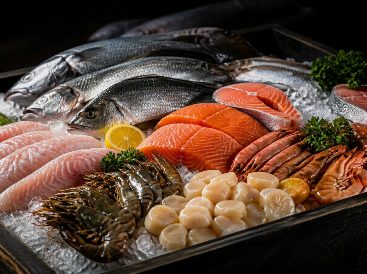 Premium fresh fish, salmon, shrimp and scallops on ice supplied by Apito Provisions