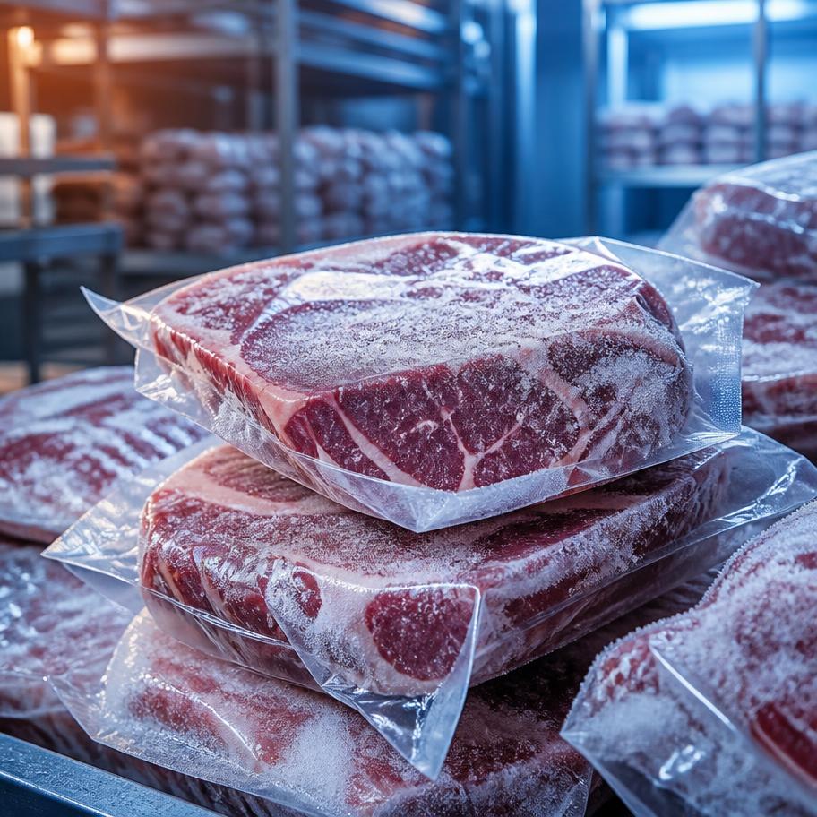 Frozen vacuum-sealed portioned meat cuts in cold storage