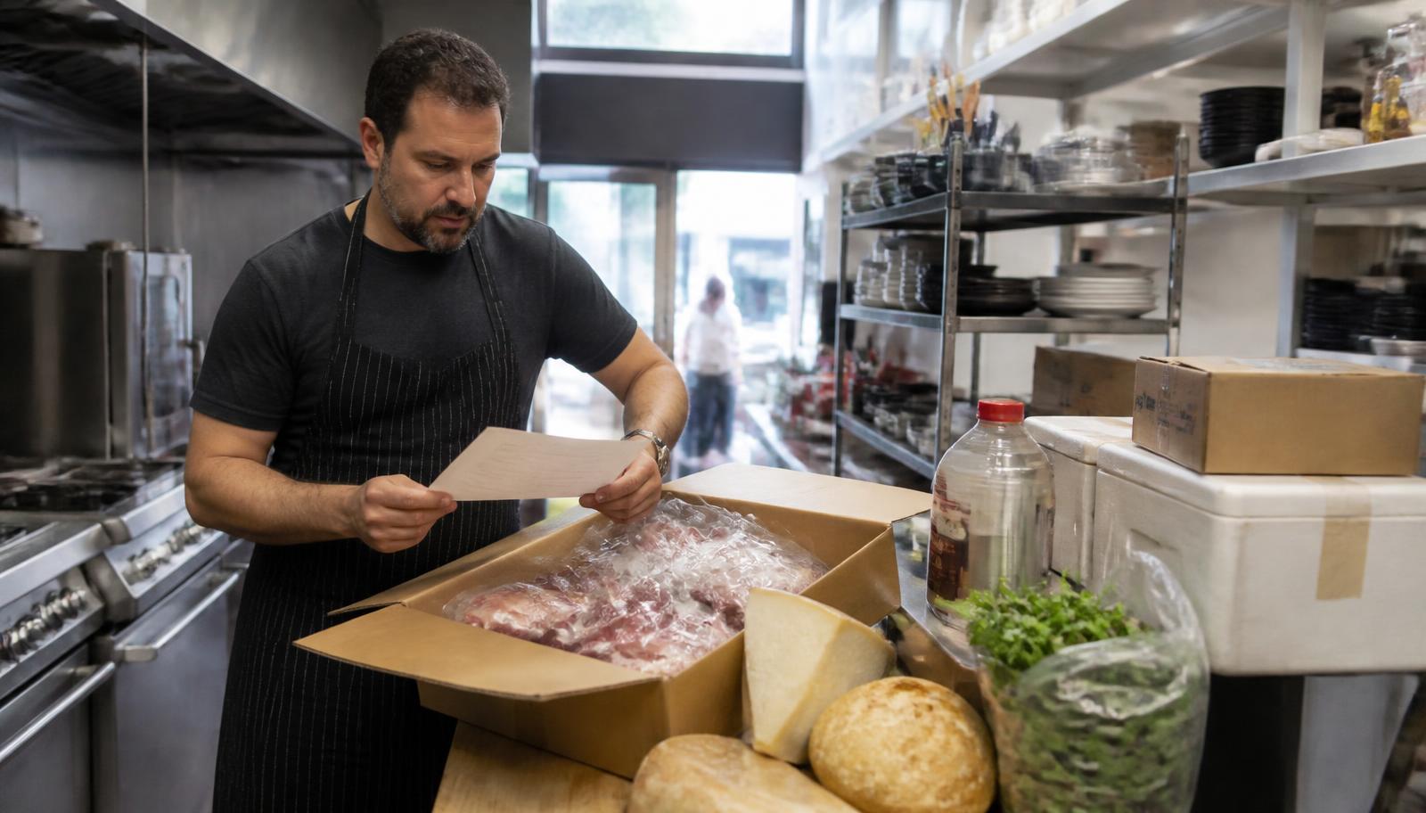 New Jersey restaurant owner reviewing a wholesale food delivery in a commercial kitchen
