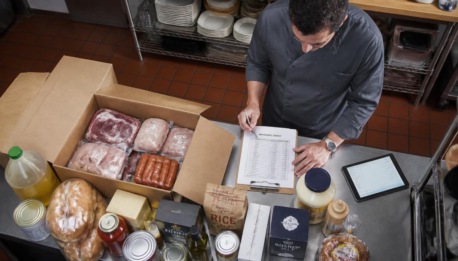 Restaurant manager reviewing a consolidated wholesale food order of meats, cheese, bread and pantry goods