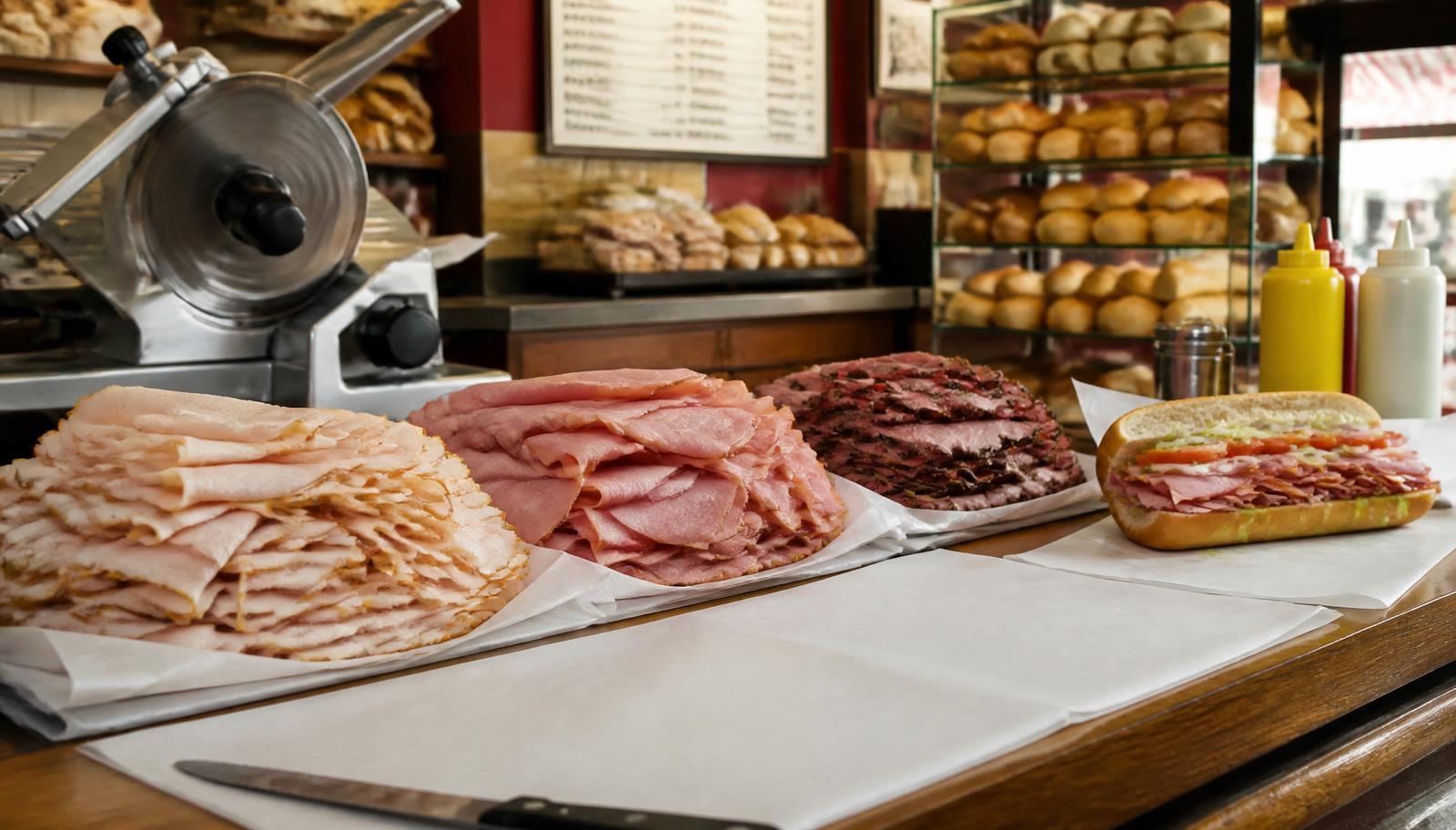 New Jersey deli counter with freshly sliced turkey, ham and roast beef beside a meat slicer