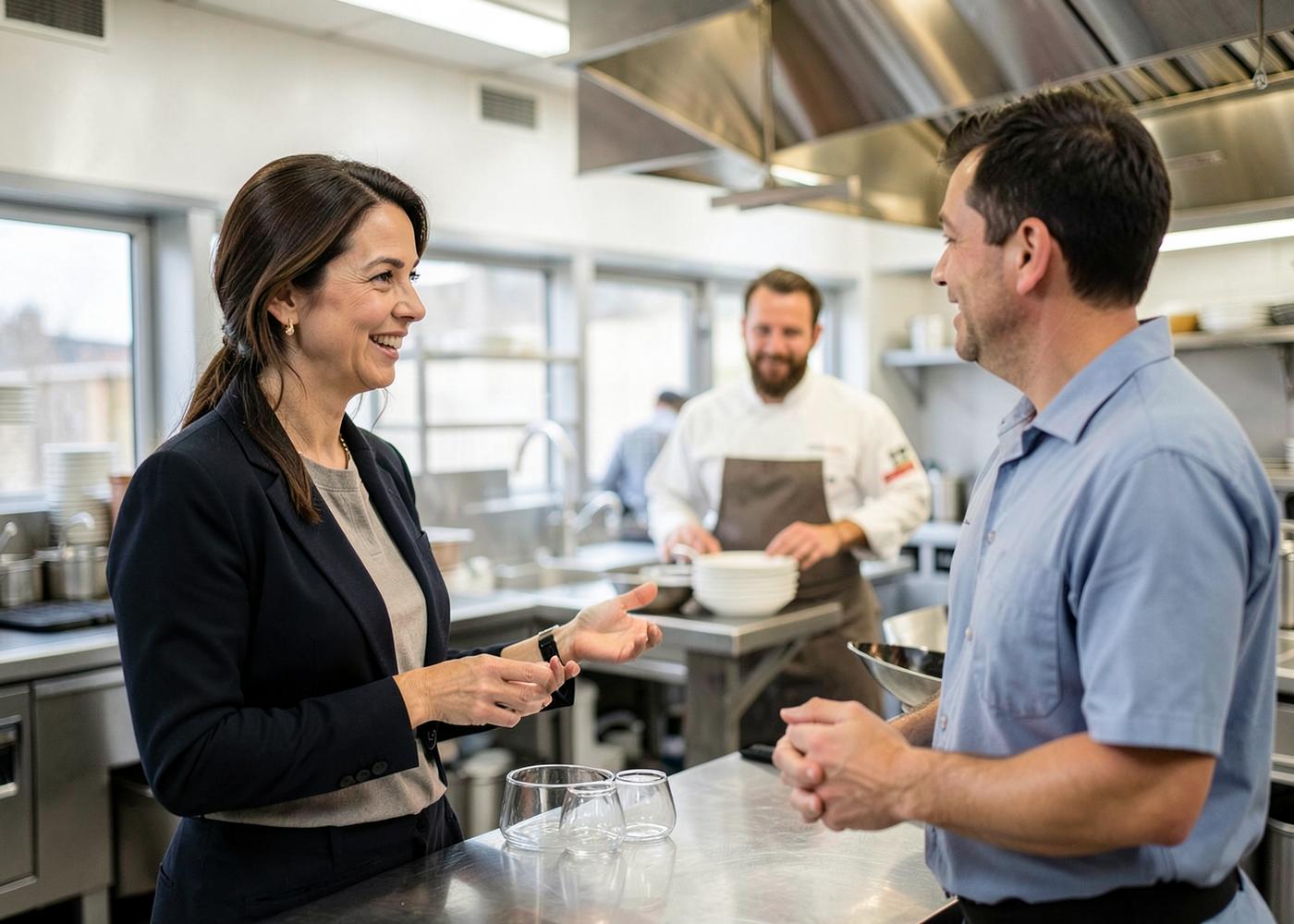 A food distribution representative discussing service with a restaurant owner