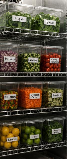 Walk-in commercial refrigerator with shelves of organized, labeled food products in proper storage containers