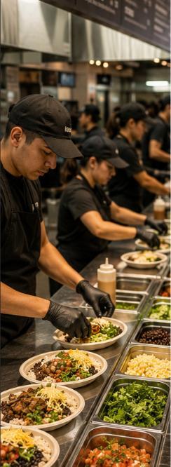 Commercial kitchen team in a fast-casual setting preparing multiple orders simultaneously during a busy service period