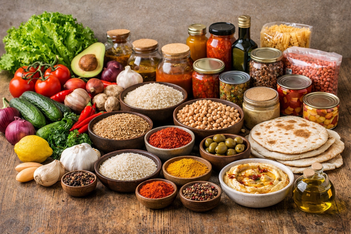 Diverse assortment of fresh produce, grains, and packaged food items representing global cuisine ingredients