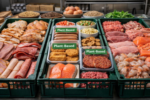 Organized food inventory with multiple protein categories and plant-based alternatives arranged in storage crates