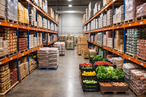 Organized warehouse with bulk food inventory and structured storage for efficient distribution