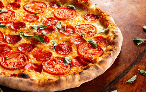 Pepperoni pizza served at a restaurant