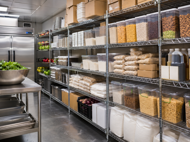 Commercial kitchen with organized stainless steel storage shelves holding bulk packaged food items