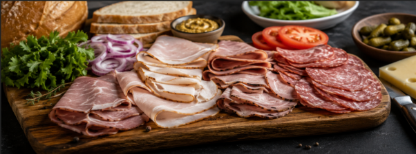 Sliced deli meat arranged on a wooden board with garnishes ready for sandwich preparation
