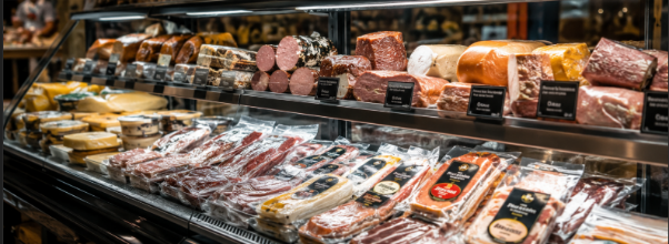 Premium deli products arranged in a refrigerated display case at a food market