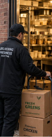 Food service delivery professional unloading fresh product orders at the back entrance of a commercial kitchen