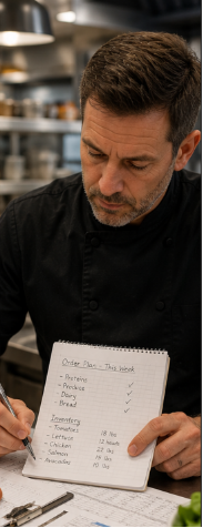 Kitchen manager reviewing order planning notes and inventory data at a prep station
