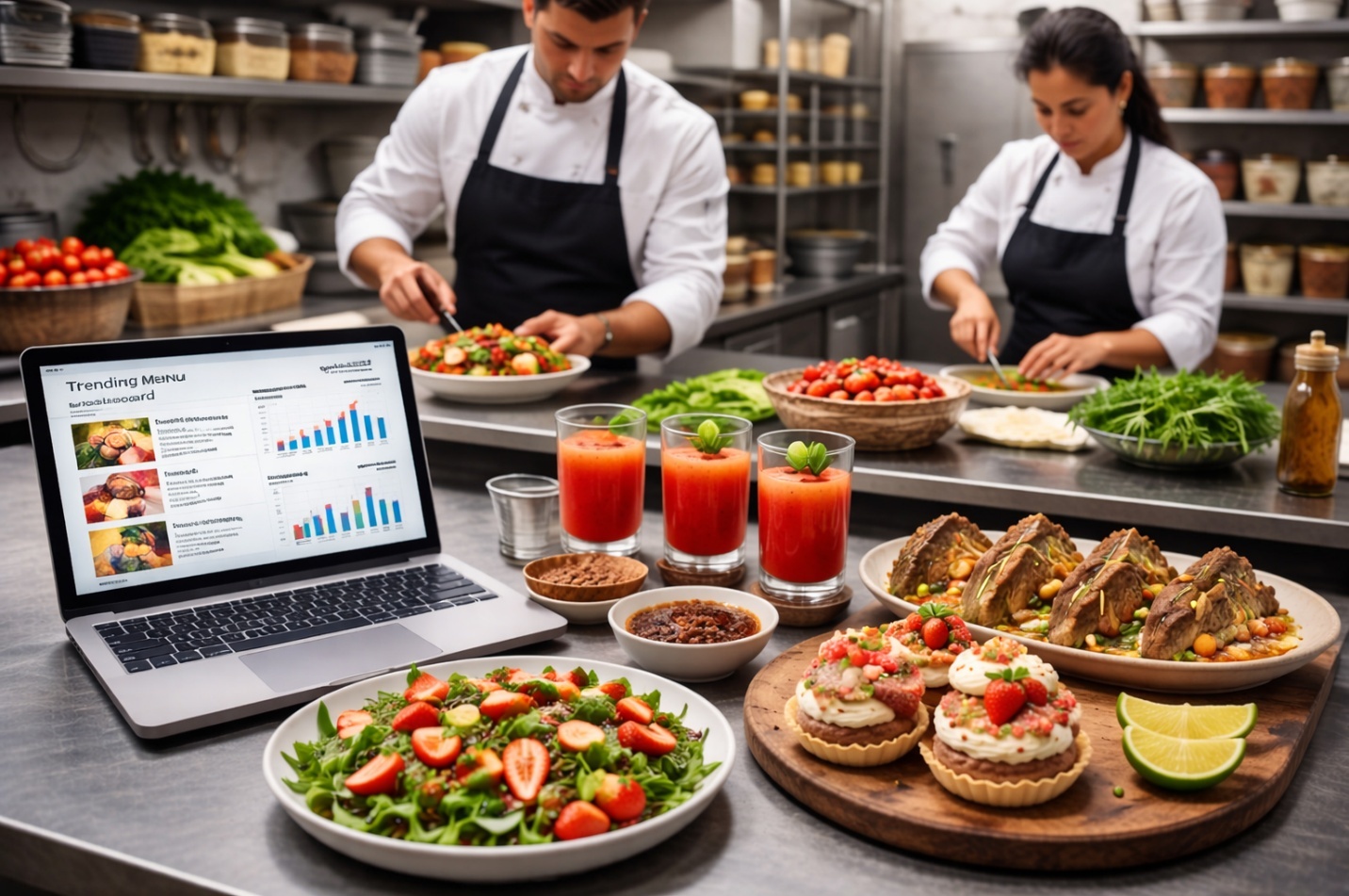 Kitchen staff preparing a variety of dishes while reviewing menu performance data on a laptop
