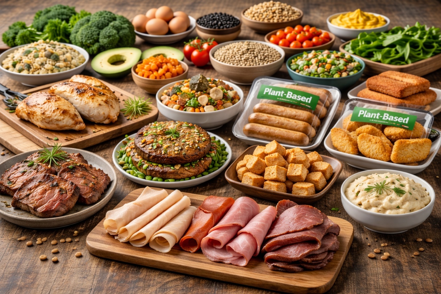 Assorted protein options, including plant-based alternatives, grains, vegetables, and prepared food items, arranged on a table