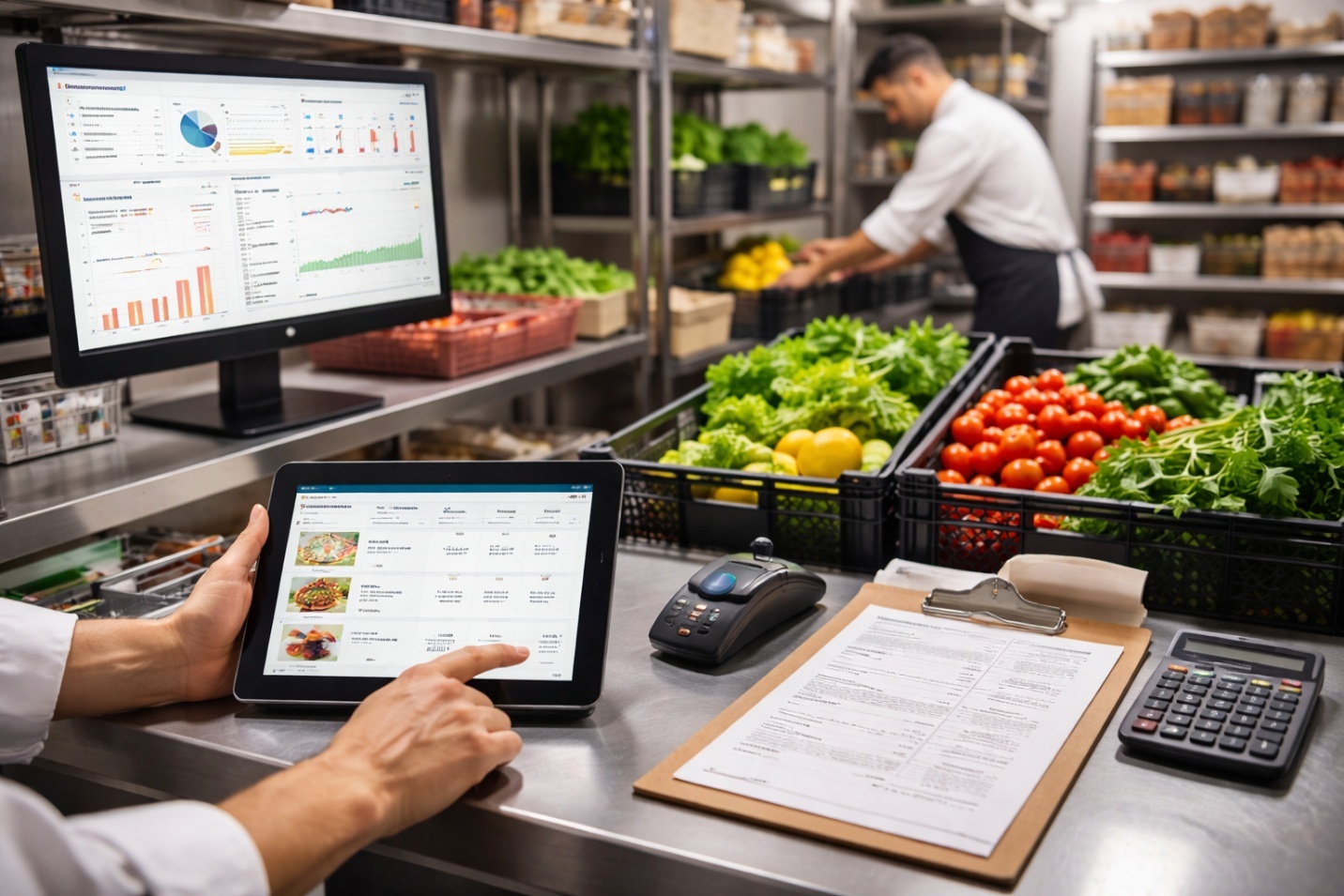 Kitchen staff using a digital inventory system with a tablet and an analytics dashboard to manage food stock