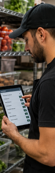 Restaurant kitchen worker using a digital tablet to check and manage food inventory during prep time