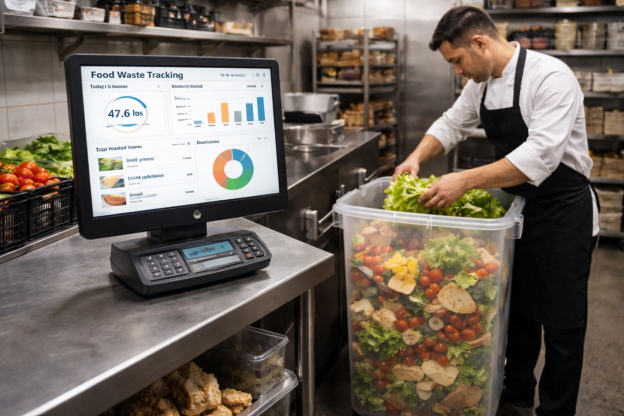 Kitchen staff managing food waste using a digital tracking system and an organized disposal process